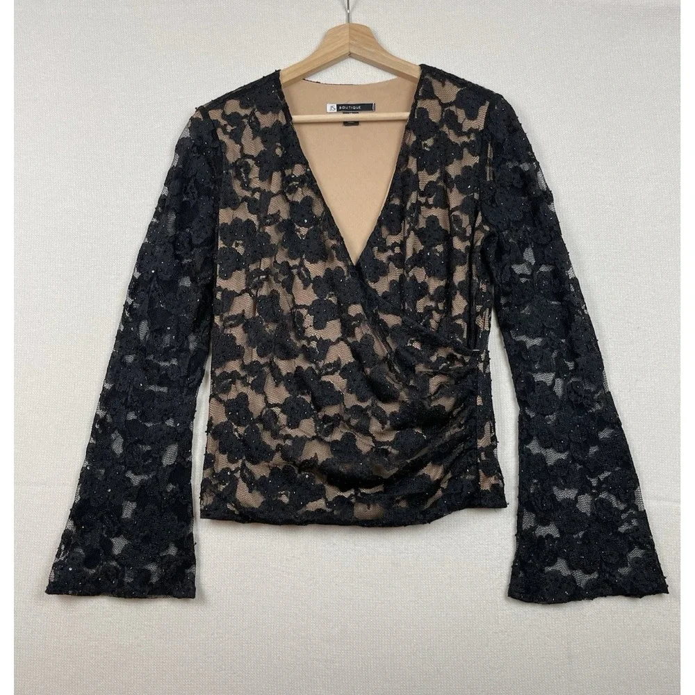 JS BOUTIQUE Lace Overlay Blouse M Sequins Faux-Wrap Mesh Top Evening Romantic - Picture 1 of 14